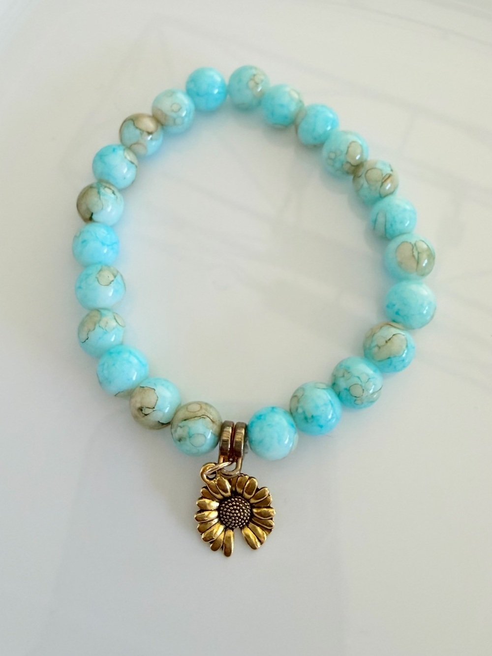 Beaded Stretch Bracelet with Gold Sunflower Charm Handmade Floral Jewelry